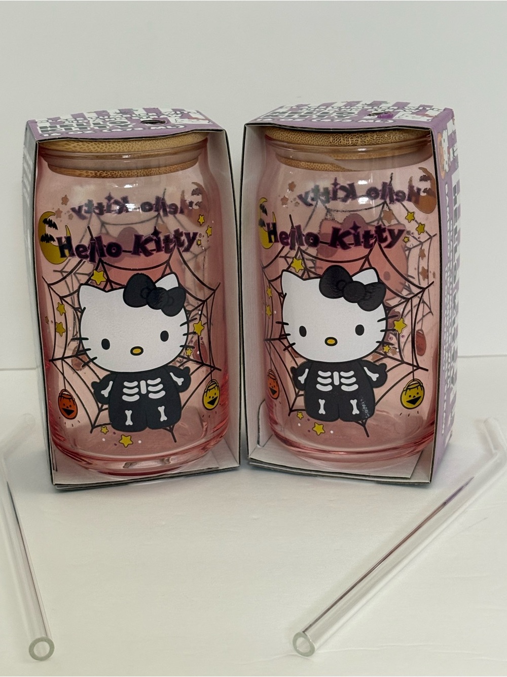 Set of Two Hello Kitty 16 oz Halloween Glass Tumblers with Lids and Straws NWT